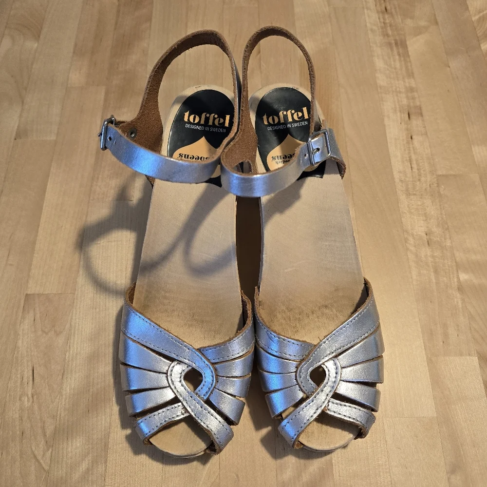 Swedish Hasbeens Silver Platform Heels Size 40